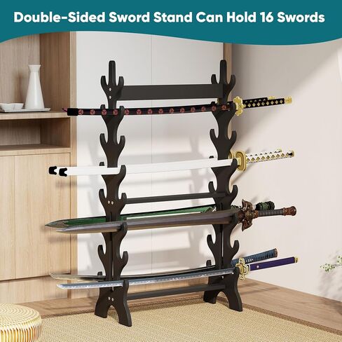 lukar 8 Tier Double Side Sword Stand Floor، حامل خشبي لرف السيف 16، يحمل ما يصل إلى 16 سيوفًا، حامل سيف الساموراي الأسود، حامل عرض كاتانا in Kuwait