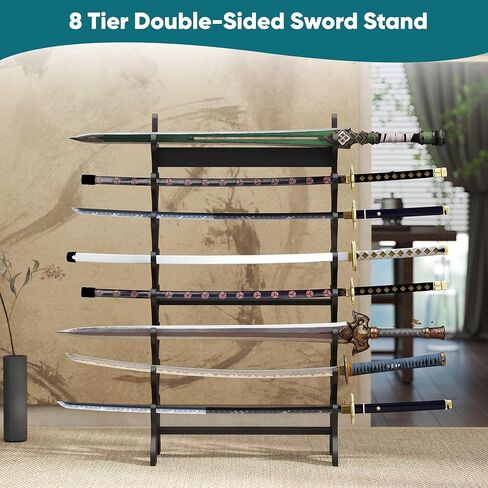 lukar 8 Tier Double Side Sword Stand Floor، حامل خشبي لرف السيف 16، يحمل ما يصل إلى 16 سيوفًا، حامل سيف الساموراي الأسود، حامل عرض كاتانا in Kuwait
