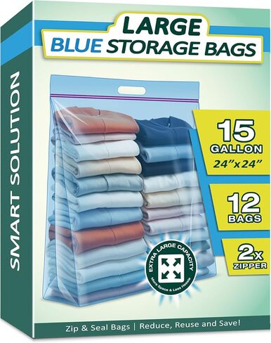 15 Gallon Extra Large Storage Bags with Handles | 3.5 Mil Thick 24"x24" with Clear Zipper Heavy Duty for Home, Moving and Travel, 3 Packs , Blue in Kuwait