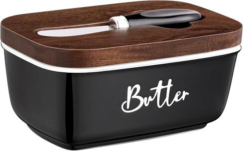 Ceramic Butter Dish with Lid and Knife for Countertop, Airtight Butter Keeper for Counter or Fridge, Butter Container with Thick Acacia Wood Lid, for Farmhouse Kitchen Decor and Accessories, White in Kuwait