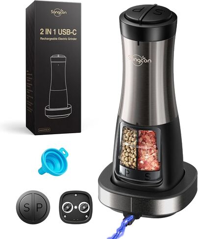 Sangcon 2-in-1 Electric Salt and Pepper Grinder, One Grinder for Two Seasonings, Automatic One-Handed Operation with Light, Adjustable Ceramic Mill, Refillable & Battery Powered in Kuwait