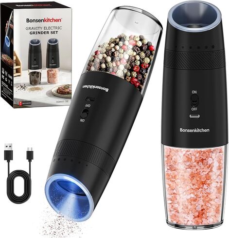Bonsenkitchen Gravity Electric Salt and Pepper Grinder Set,Type-C Rechargeable Automatic Grinder With 6-Level Coarseness Adjustment, LED Light, 135ML Large Capacity for Kitchen, BBQ & Camping in Kuwait
