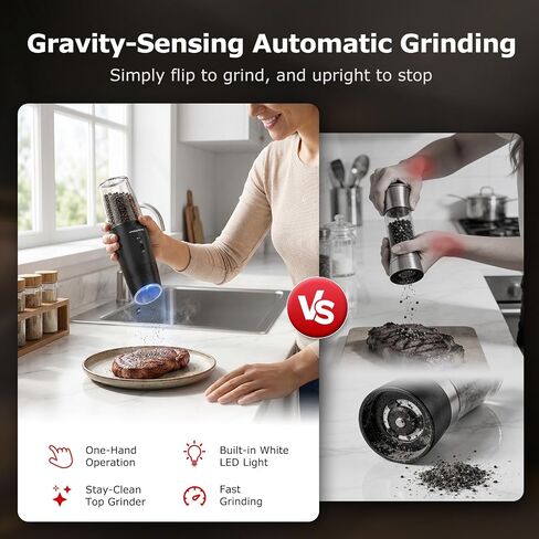 Bonsenkitchen Gravity Electric Salt and Pepper Grinder Set,Type-C Rechargeable Automatic Grinder With 6-Level Coarseness Adjustment, LED Light, 135ML Large Capacity for Kitchen, BBQ & Camping in Kuwait