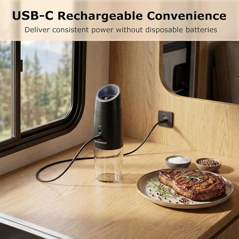 Bonsenkitchen Gravity Electric Salt and Pepper Grinder Set,Type-C Rechargeable Automatic Grinder With 6-Level Coarseness Adjustment, LED Light, 135ML Large Capacity for Kitchen, BBQ & Camping in Kuwait