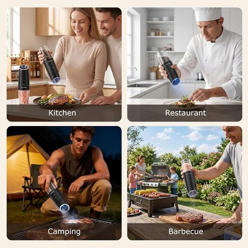 Bonsenkitchen Gravity Electric Salt and Pepper Grinder Set,Type-C Rechargeable Automatic Grinder With 6-Level Coarseness Adjustment, LED Light, 135ML Large Capacity for Kitchen, BBQ & Camping in Kuwait