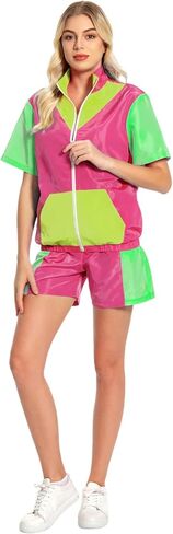 Unisex 2 Piece Color Block Tracksuit, Retro 80s 90s Short Sleeve Zip Up Jacket with Elastic Waist Shorts Set in Kuwait