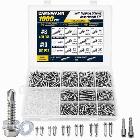 1200PCS #8#10#12#14 Self Drilling Screws Assortment Kit, 410 Stainless Steel Hex Washer Head Self Tapping Screws with Rubber Washers, 15 Sizes for Metal Wood Plastic, Silver in Kuwait