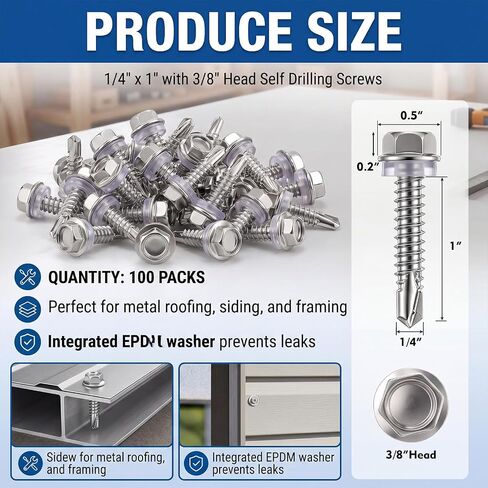 100 Pack 1/4" x 1" Self Tapping Screws for Metal 410 Stainless Steel Hex Washer Head Self-Drilling Screws with 3/8" Metal Sheet Screw in Kuwait