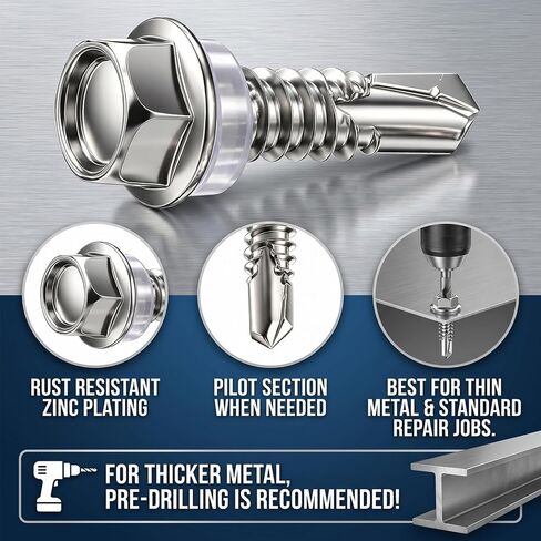 100 Pack 1/4" x 1" Self Tapping Screws for Metal 410 Stainless Steel Hex Washer Head Self-Drilling Screws with 3/8" Metal Sheet Screw in Kuwait