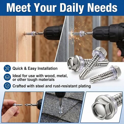 100 Pack 1/4" x 1" Self Tapping Screws for Metal 410 Stainless Steel Hex Washer Head Self-Drilling Screws with 3/8" Metal Sheet Screw in Kuwait