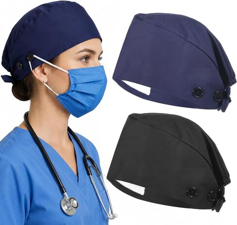2 Pack Adjustable Working Caps with Button and Sweatband, Elastic Hats for Women with Ponytail, Nurse Caps Black and Navy Blue, One Size Cotton Blend in Kuwait