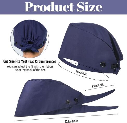 2 Pack Adjustable Working Caps with Button and Sweatband, Elastic Hats for Women with Ponytail, Nurse Caps Black and Navy Blue, One Size Cotton Blend in Kuwait
