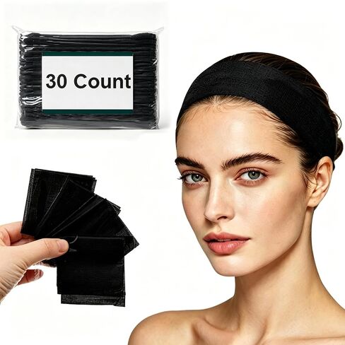 80 Pcs Disposable Facial Headbands - Individually Wrapped Spa Headbands for Women, Stretch Non-Woven Hair Bands for Skincare, Makeup, Facial & Esthetician Supplies (Black) in Kuwait