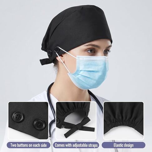 2 Pack Adjustable Working Caps with Button and Sweatband, Elastic Hats for Women with Ponytail, Nurse Caps Black and Navy Blue, One Size Cotton Blend in Kuwait