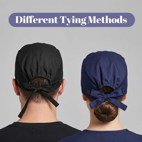 2 Pack Adjustable Working Caps with Button and Sweatband, Elastic Hats for Women with Ponytail, Nurse Caps Black and Navy Blue, One Size Cotton Blend in Kuwait