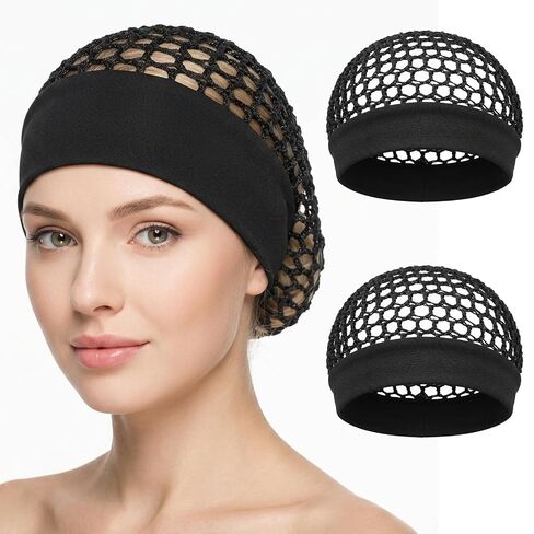 2 Pcs Hair Nets for Sleeping, Mesh Crochet Hair Net with Wide Elastic Headband Lightweight Breathable Snood Cap Sleep Hat for Silk Press (Black) in Kuwait