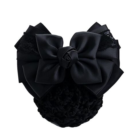 Black Satin Rose Bow Hair Bun Covers, Anti-slip Double Spring Hair Net Clips with Lace, Elastic Firm Hold Bun Holders for Nurses, Stewardess, Office, Hotel Staff, Medical Work, Formal Occasions in Kuwait