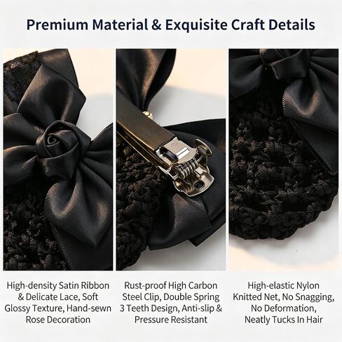 Black Satin Rose Bow Hair Bun Covers, Anti-slip Double Spring Hair Net Clips with Lace, Elastic Firm Hold Bun Holders for Nurses, Stewardess, Office, Hotel Staff, Medical Work, Formal Occasions in Kuwait