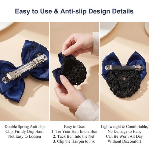 Black Satin Rose Bow Hair Bun Covers, Anti-slip Double Spring Hair Net Clips with Lace, Elastic Firm Hold Bun Holders for Nurses, Stewardess, Office, Hotel Staff, Medical Work, Formal Occasions in Kuwait