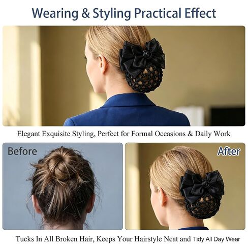 Black Satin Rose Bow Hair Bun Covers, Anti-slip Double Spring Hair Net Clips with Lace, Elastic Firm Hold Bun Holders for Nurses, Stewardess, Office, Hotel Staff, Medical Work, Formal Occasions in Kuwait