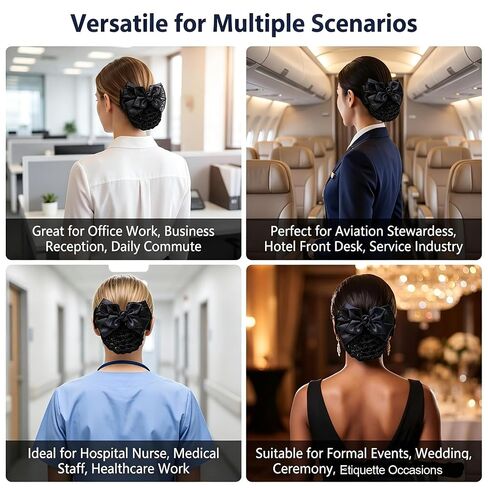 Black Satin Rose Bow Hair Bun Covers, Anti-slip Double Spring Hair Net Clips with Lace, Elastic Firm Hold Bun Holders for Nurses, Stewardess, Office, Hotel Staff, Medical Work, Formal Occasions in Kuwait