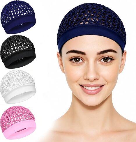 4 Pcs Hair Nets for Sleepin, Premium Mesh Hair Net for Women, Ultra-Wide Soft Band, No Marks, Secure Fit, Breathable Hair Wrap Net for Hair Protection (Black, White, Pink, Navy Blue) in Kuwait