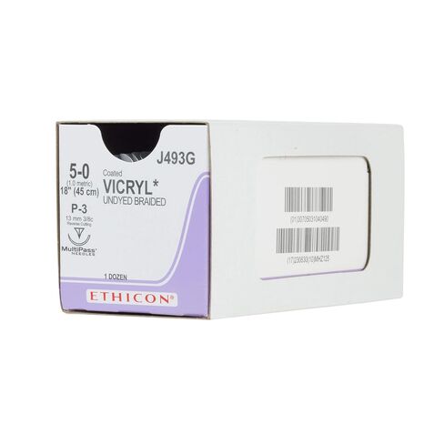 Ethicon Coated VICRYL (Polyglactin 910) Suture, J493G, Synthetic Absorbable, P-3 (13 mm), 3/8 Circle Needle, Size 5-0, 18" (45 cm) in Kuwait