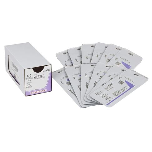 Ethicon Coated VICRYL (Polyglactin 910) Suture, J493G, Synthetic Absorbable, P-3 (13 mm), 3/8 Circle Needle, Size 5-0, 18" (45 cm) in Kuwait
