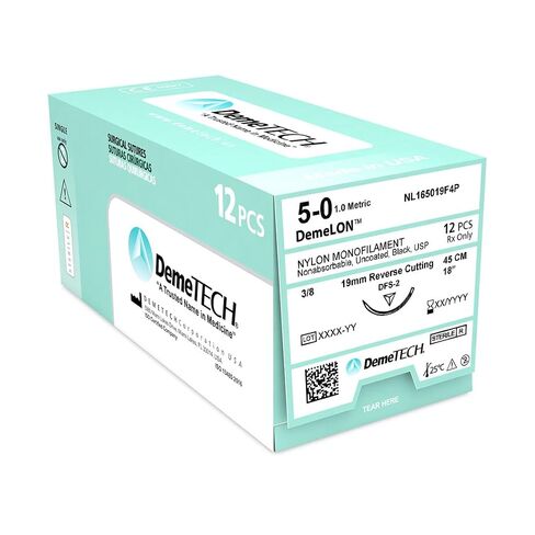 DEMETECH DemeLON خياطة أحادية النايلون غير قابلة للامتصاص، DFS-2، 19 مم، 3/8 دائرة، إبرة قطع عكسية، مقاس USP 5-0، 18 بوصة، (45 سم)، أسود in Kuwait