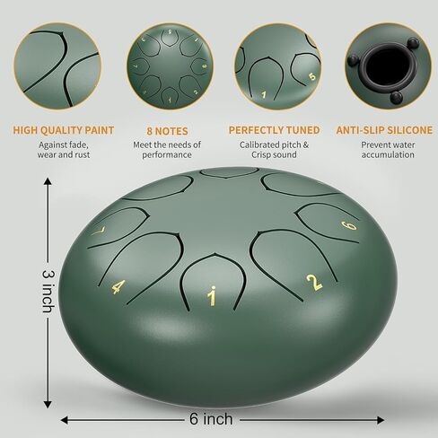 6 Note Dark Green Steel Tongue Drum, Mini Steel Drum with Rain Drum Sound, Portable Hand Pan Drum with Travel Bag, Mallets and Song Book for Beginners and Musicians in Kuwait