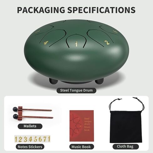 6 Note Dark Green Steel Tongue Drum, Mini Steel Drum with Rain Drum Sound, Portable Hand Pan Drum with Travel Bag, Mallets and Song Book for Beginners and Musicians in Kuwait