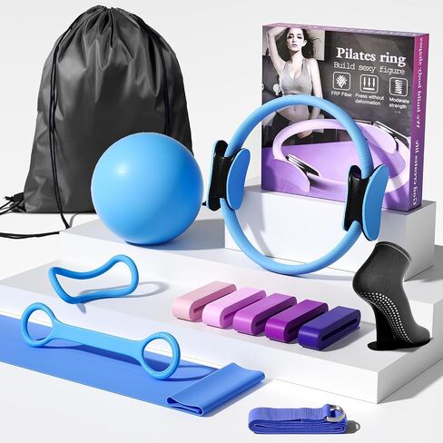 Pilates Kit for Women,15 Inch Magic Circle, 6 Multi-Level Resistance Bands,Yoga Ball Socks, Back Neck Stretcher ,14-Piece Full Body Toning Pilates Equipment for Beginners, 15 Min Daily Routine in Kuwait