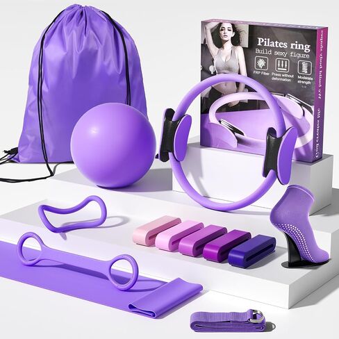 Pilates Kit for Women,15 Inch Magic Circle, 6 Multi-Level Resistance Bands,Yoga Ball Socks, Back Neck Stretcher ,14-Piece Full Body Toning Pilates Equipment for Beginners, 15 Min Daily Routine in Kuwait