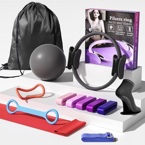 Pilates Kit for Women,15 Inch Magic Circle, 6 Multi-Level Resistance Bands,Yoga Ball Socks, Back Neck Stretcher ,14-Piece Full Body Toning Pilates Equipment for Beginners, 15 Min Daily Routine in Kuwait