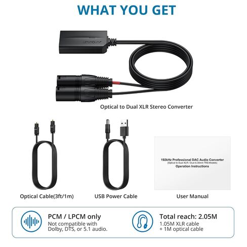 AUTOUTLET 192 كيلو هرتز محول ستيريو بصري إلى ثنائي XLR، SPDIF/Toslink إلى محول صوت تناظري ذكر XLR مع كابل مدمج بطول 3.4 قدم وكابل بصري بطول 3 أقدام لمكبرات الصوت ومكبرات الصوت التي تعمل بالطاقة in Kuwait