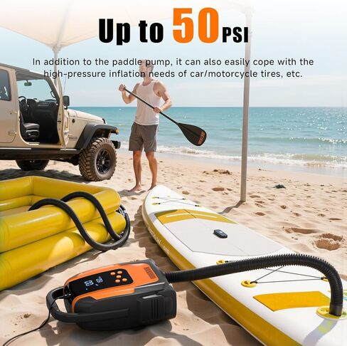 مضخة لوح مجداف كهربائية، مضخة هواء SUP محمولة ذات ضغط عالٍ 50 رطل لكل بوصة مع وظيفة إيقاف تلقائي وتفريغ الهواء، موصل سيارة 12 فولت تيار مستمر لألواح التجديف وإطارات السيارات والقوارب وزوارق الكاياك in Kuwait