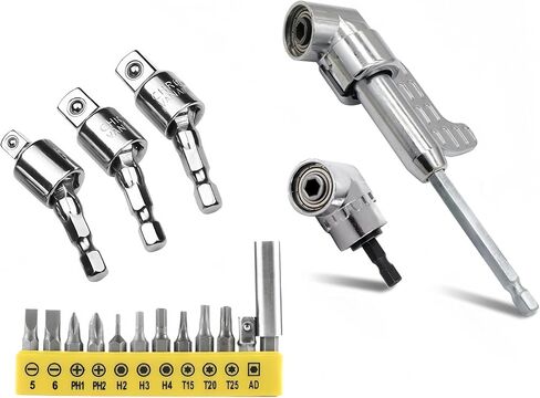 4Piece 105 degree drill bit adapter, Right Angle Drill Adapter with Flexible Shaft, Perfect for Tight Spaces Toolkit with 12 Pieces of Batch Head for Screwdriver (Long+Short) in Kuwait