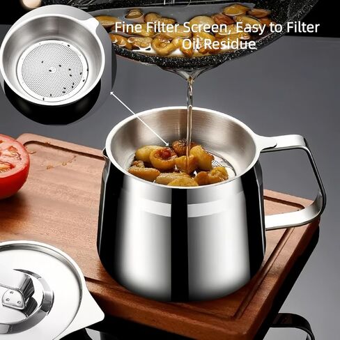 Stainless Steel Bacon Grease Container With Strainer, 2L/68oz Oil Container With Dust-proof Lid For Kitchen Storing Frying Cooking Grease in Kuwait