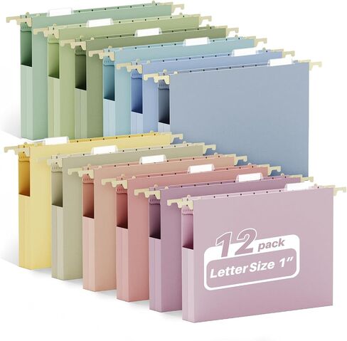 Ansook Hanging File Folders Letter Size Extra Capacity,Heavy Duty 1'' Exandable File Folders Hanging with Tabs,12 Pack Pastel Plastic Filing Cabinet Folders,Desk Hang File Organizer for Office Home in Saudi Arabia
