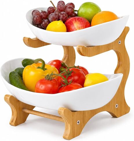 2 Tier Plastic Fruit Basket for Kitchen Counter, Fruit and Vegetable Storage Stand with Bamboo Holder, Tiered Serving Tray, Fruit Bowl Set, Snack Organizer, Modern Kitchen Counter Decor Fruit Stand in Kuwait