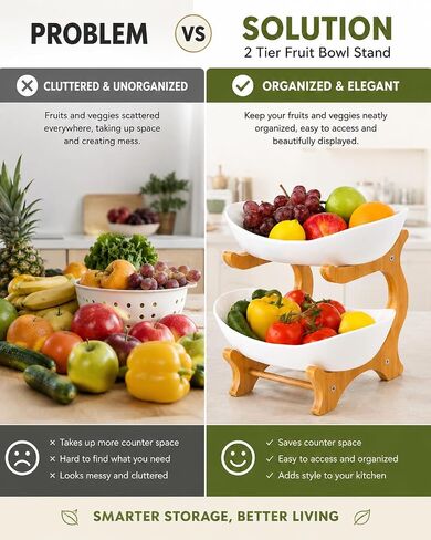 2 Tier Plastic Fruit Basket for Kitchen Counter, Fruit and Vegetable Storage Stand with Bamboo Holder, Tiered Serving Tray, Fruit Bowl Set, Snack Organizer, Modern Kitchen Counter Decor Fruit Stand in Kuwait