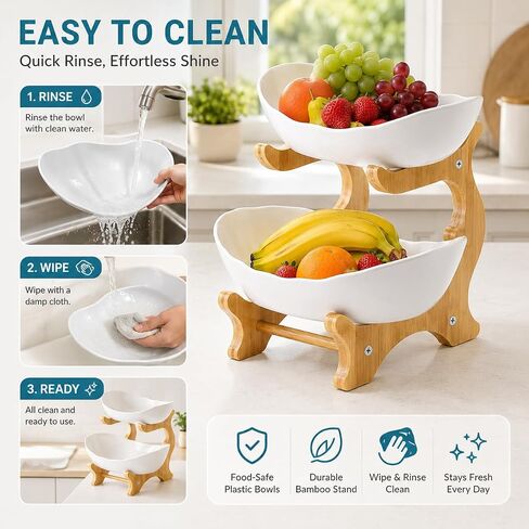 2 Tier Plastic Fruit Basket for Kitchen Counter, Fruit and Vegetable Storage Stand with Bamboo Holder, Tiered Serving Tray, Fruit Bowl Set, Snack Organizer, Modern Kitchen Counter Decor Fruit Stand in Kuwait