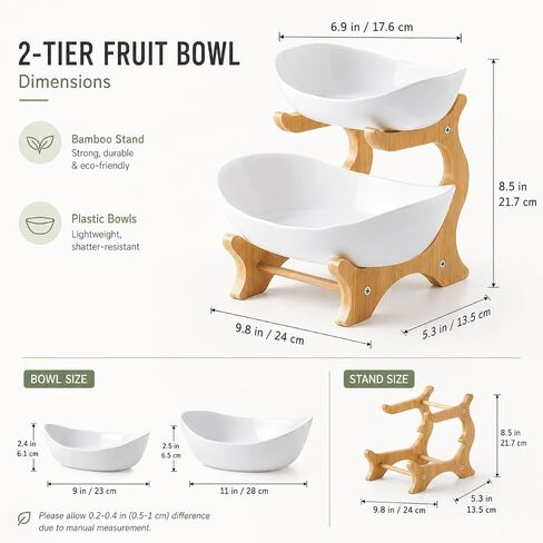 2 Tier Plastic Fruit Basket for Kitchen Counter, Fruit and Vegetable Storage Stand with Bamboo Holder, Tiered Serving Tray, Fruit Bowl Set, Snack Organizer, Modern Kitchen Counter Decor Fruit Stand in Kuwait