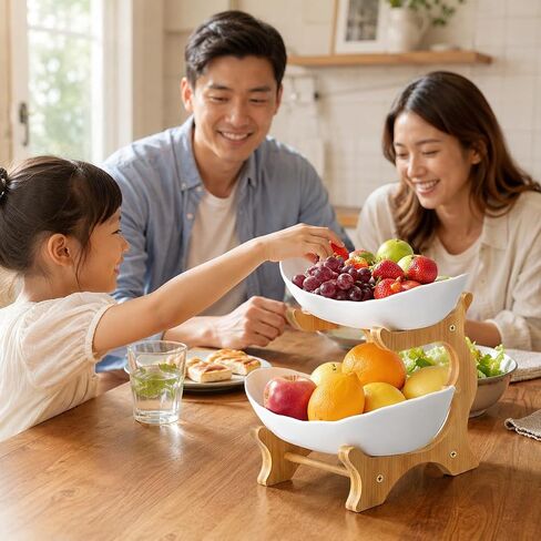 2 Tier Plastic Fruit Basket for Kitchen Counter, Fruit and Vegetable Storage Stand with Bamboo Holder, Tiered Serving Tray, Fruit Bowl Set, Snack Organizer, Modern Kitchen Counter Decor Fruit Stand in Kuwait