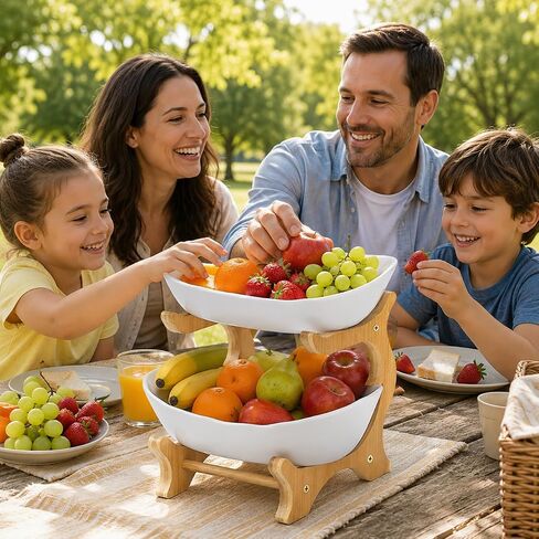 2 Tier Plastic Fruit Basket for Kitchen Counter, Fruit and Vegetable Storage Stand with Bamboo Holder, Tiered Serving Tray, Fruit Bowl Set, Snack Organizer, Modern Kitchen Counter Decor Fruit Stand in Kuwait