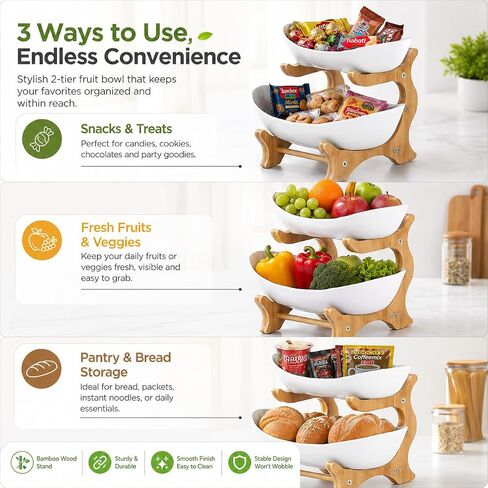 2 Tier Plastic Fruit Basket for Kitchen Counter, Fruit and Vegetable Storage Stand with Bamboo Holder, Tiered Serving Tray, Fruit Bowl Set, Snack Organizer, Modern Kitchen Counter Decor Fruit Stand in Kuwait