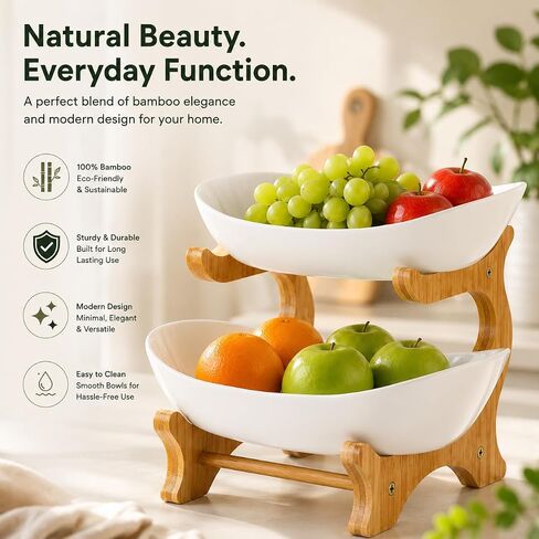 2 Tier Plastic Fruit Basket for Kitchen Counter, Fruit and Vegetable Storage Stand with Bamboo Holder, Tiered Serving Tray, Fruit Bowl Set, Snack Organizer, Modern Kitchen Counter Decor Fruit Stand in Kuwait