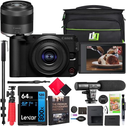 Canon EOS R50 V Mirrorless Camera لمشاركي المحتوى مع 4-30 مم F4-6.3 هو Stm PZ Lens Kit 6895C012 حزمة مع حقيبة التصوير الفوتوغرافي DECO + ميكروفون + Monopod + Tripod Grip & Accessories in Kuwait