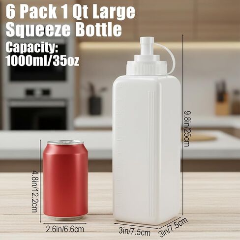 6 عبوات من زجاجات الضغط ذات الفم الواسع، زجاجة ضغط صلصة 34oz/1QT مع غطاء، للكاتشب، المارينارا، الشواء، استخدام المطبخ المنزلي، زيت مانع للتسرب، شراب، تصميم على مستوى المطاعم، بلاستيك خالٍ من مادة BPA in Kuwait
