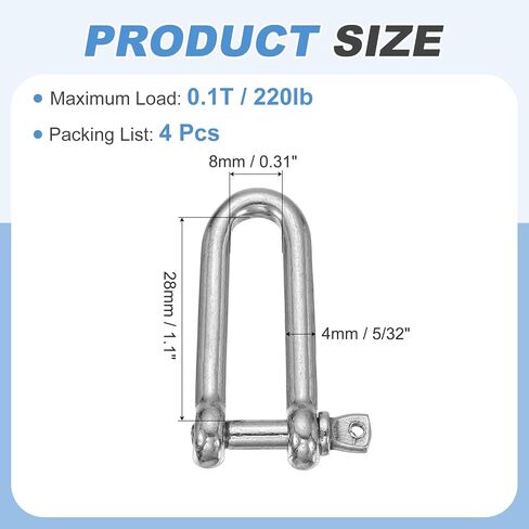 PATIKIL D Ring Shackles, (5/32" 4mm, 4 Pcs), 304 Stainless Steel Extended D Screw Pin Shackle Heavy Duty Mini Bow Clevis, Suit for-Outdoor/Chain/Boat/Sailboat/Rigging/Marine/Camping in Kuwait